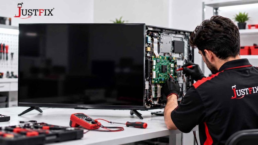 JustFix technician repairing a TV with sound but no picture in Abu Dhabi